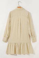 Brown Stripe Collared Neck Cuffed Long Sleeve Drop Waist Mini Dress - MarkoFit