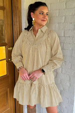 Brown Stripe Collared Neck Cuffed Long Sleeve Drop Waist Mini Dress - MarkoFit