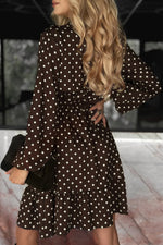 Chicory Coffee Polka Dot Long Sleeve Wrap V Neck Ruffle Hem Mini Dress - MarkoFit