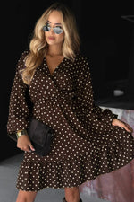 Chicory Coffee Polka Dot Long Sleeve Wrap V Neck Ruffle Hem Mini Dress - MarkoFit