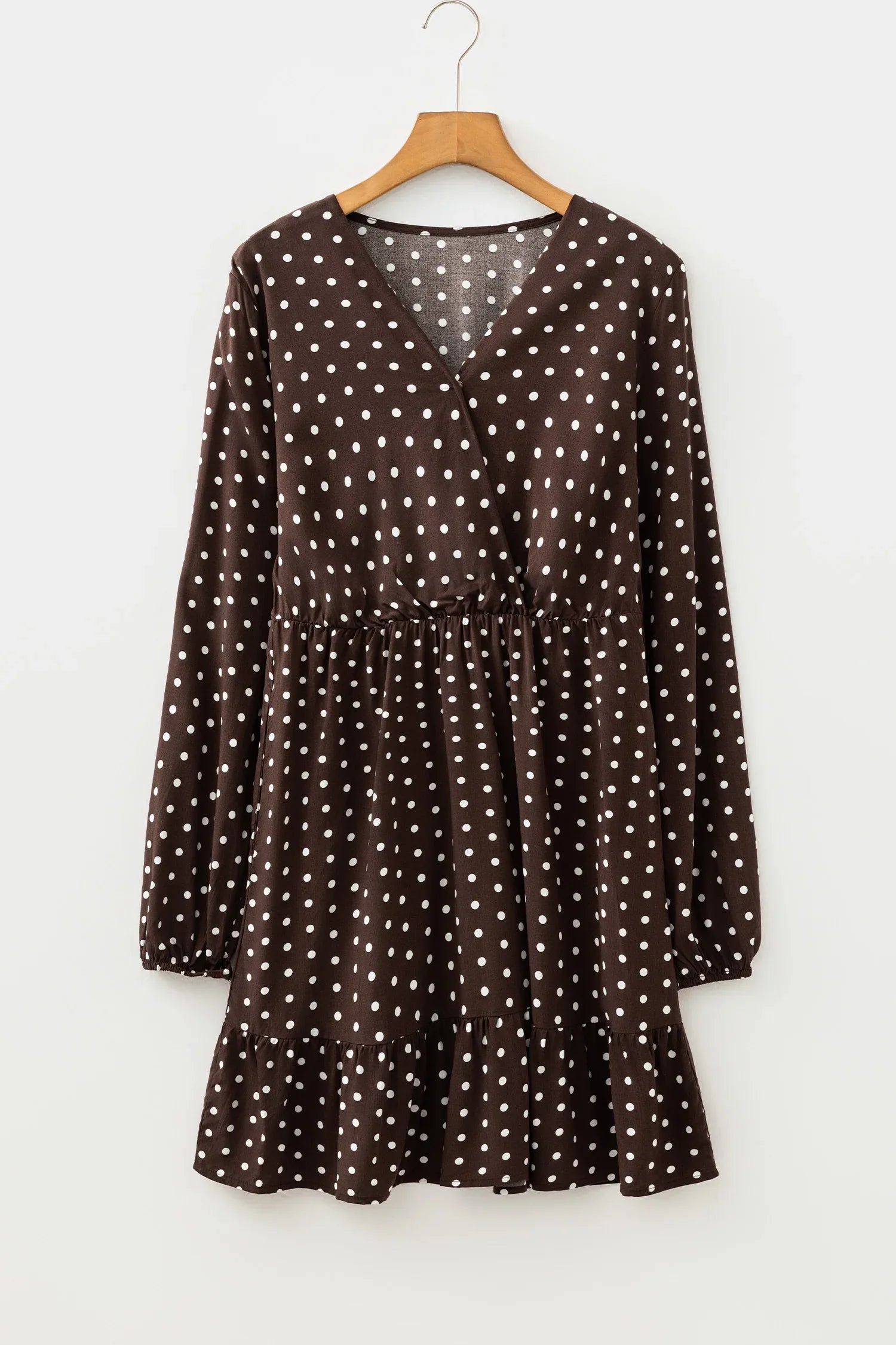 Chicory Coffee Polka Dot Long Sleeve Wrap V Neck Ruffle Hem Mini Dress - MarkoFit