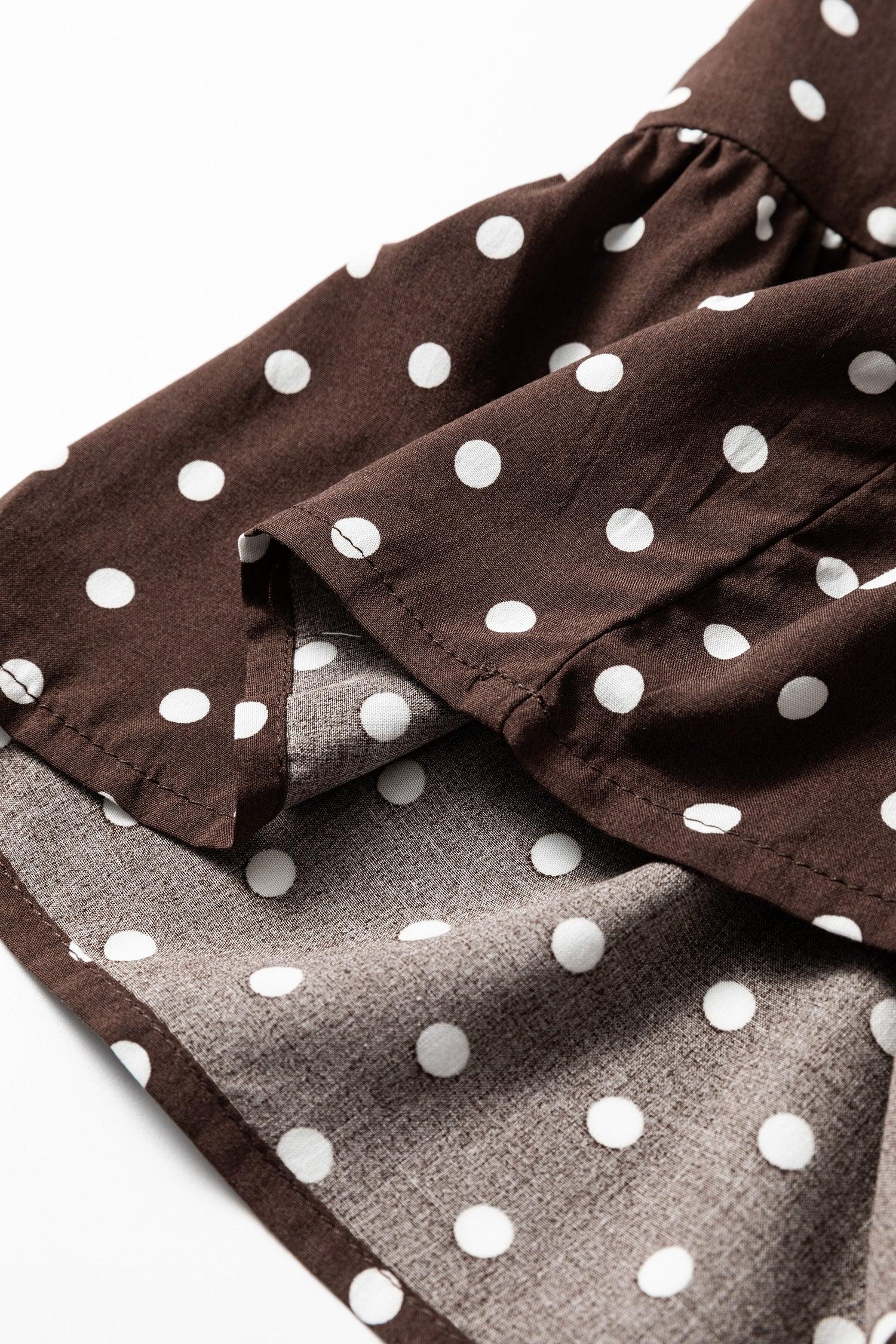 Chicory Coffee Polka Dot Long Sleeve Wrap V Neck Ruffle Hem Mini Dress - MarkoFit