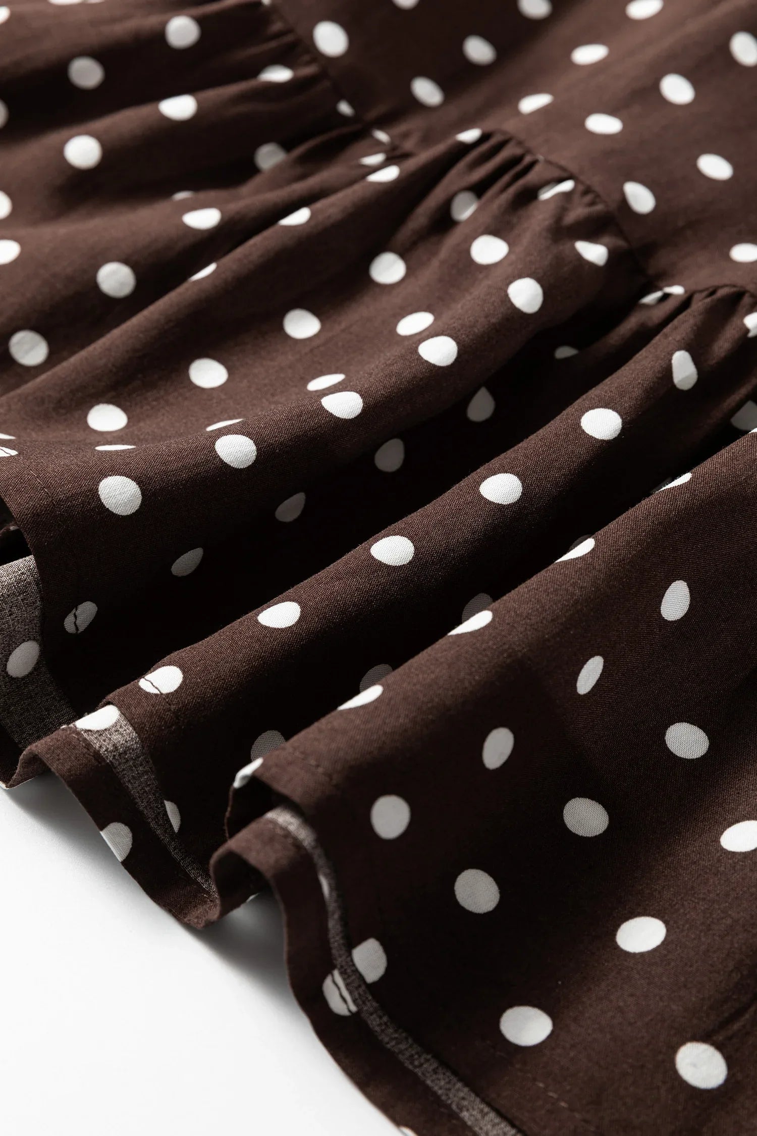 Chicory Coffee Polka Dot Long Sleeve Wrap V Neck Ruffle Hem Mini Dress - MarkoFit