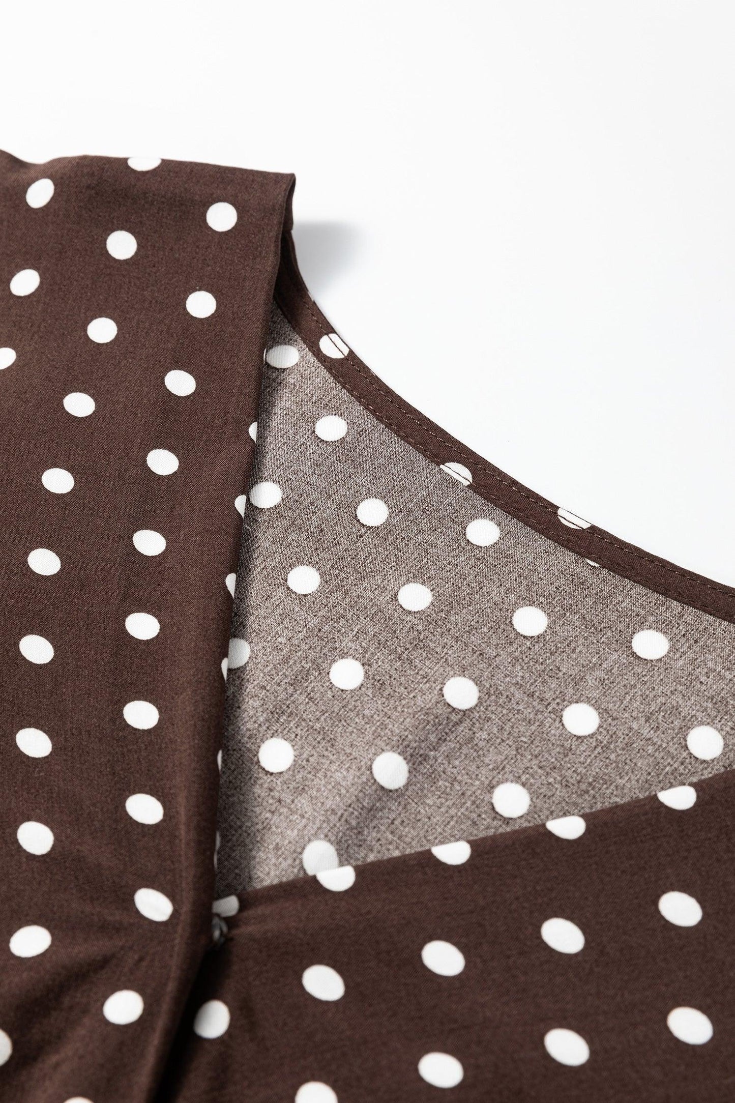 Chicory Coffee Polka Dot Long Sleeve Wrap V Neck Ruffle Hem Mini Dress - MarkoFit