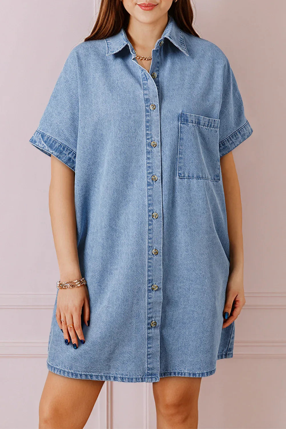 Dusk Blue Short Sleeve Pocketed Button up Denim Tunic Dress - MarkoFit