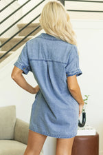 Dusk Blue Short Sleeve Pocketed Button up Denim Tunic Dress - MarkoFit