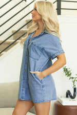 Dusk Blue Short Sleeve Pocketed Button up Denim Tunic Dress - MarkoFit
