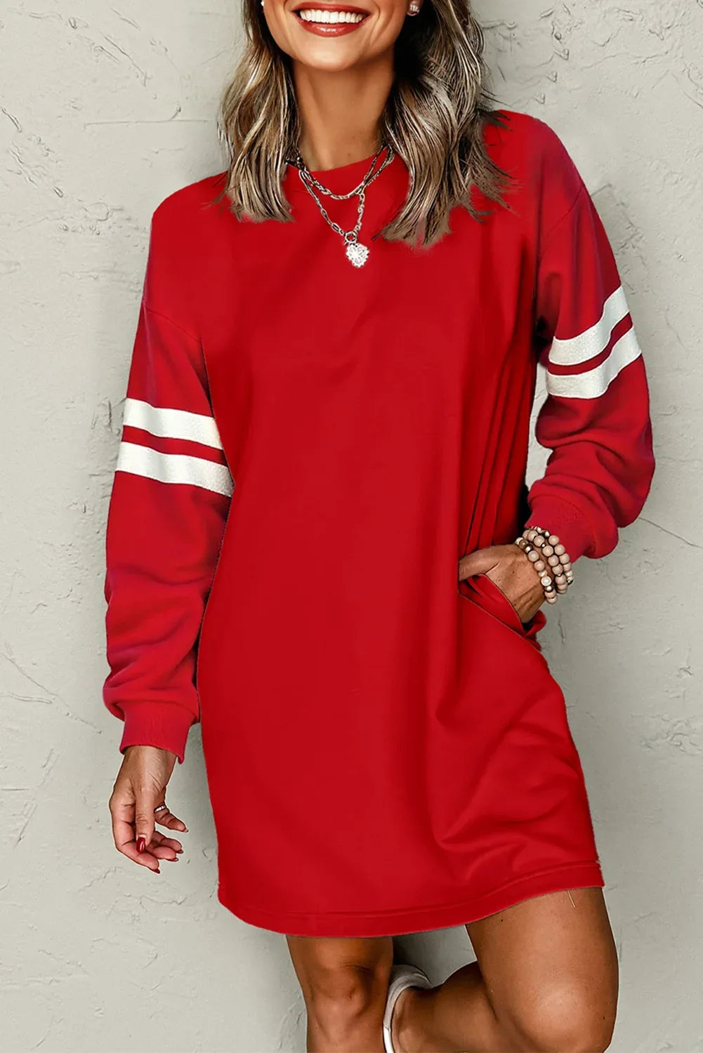 Fiery Red Varsity Contrast Banded Sleeve Shift Sweatshirt Dress - MarkoFit