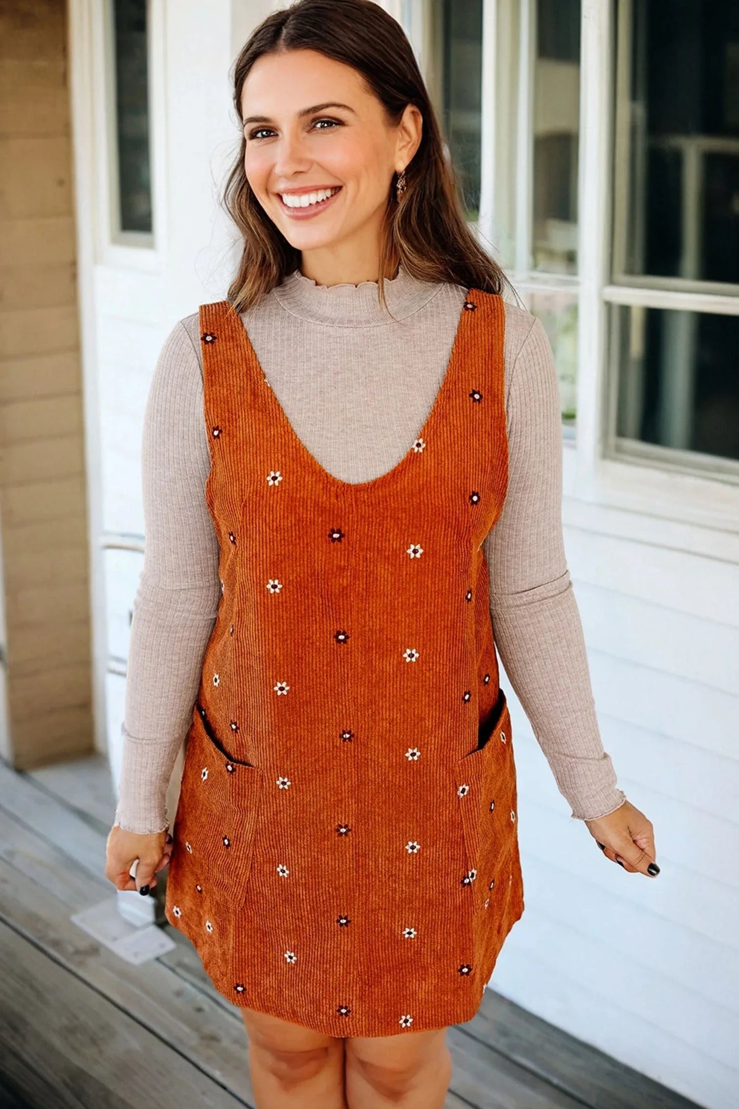 Gold Flame Flower Embroidered Corduroy Overall Mini Dress - MarkoFit