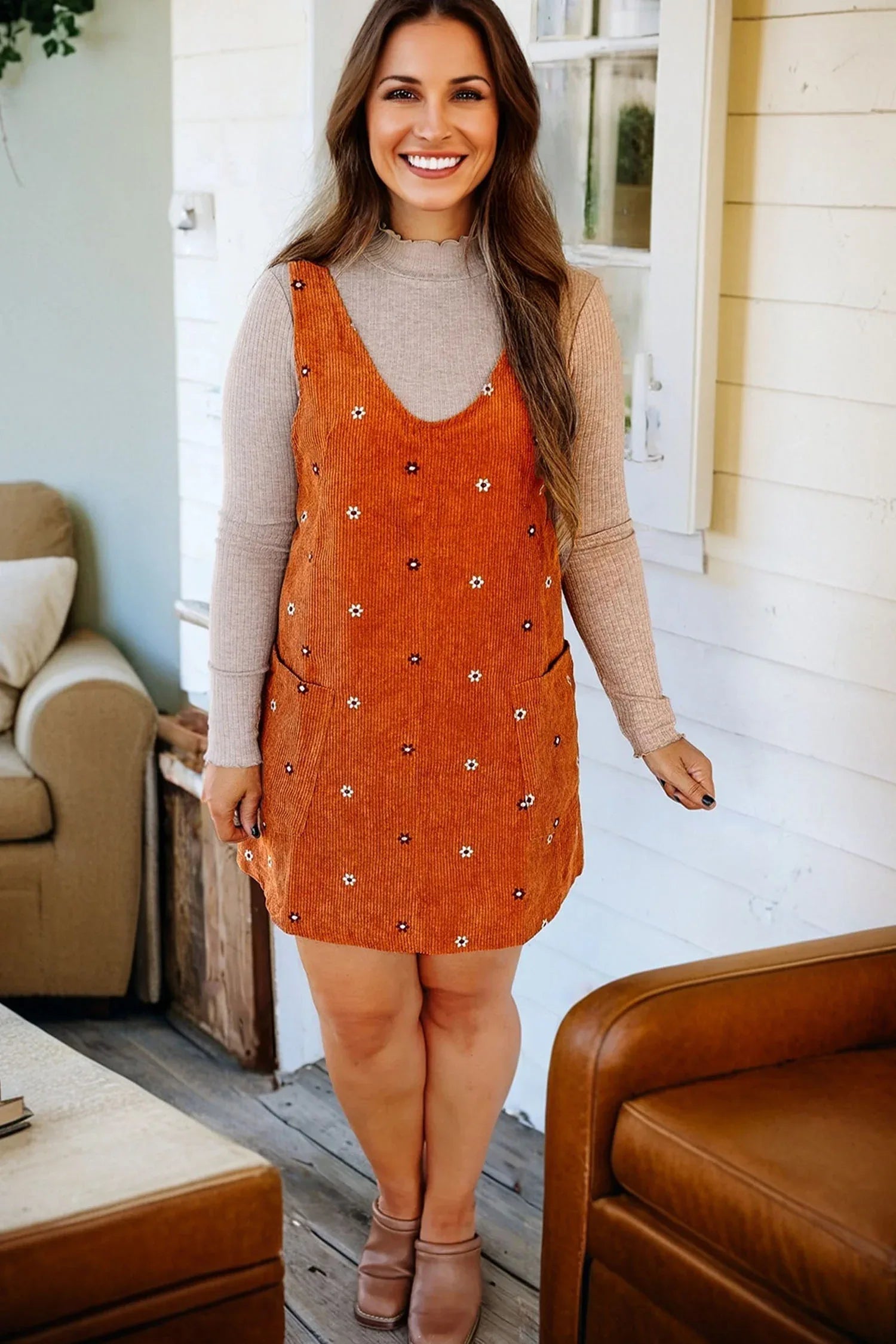 Gold Flame Flower Embroidered Corduroy Overall Mini Dress - MarkoFit