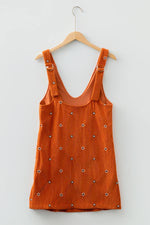 Gold Flame Flower Embroidered Corduroy Overall Mini Dress - MarkoFit