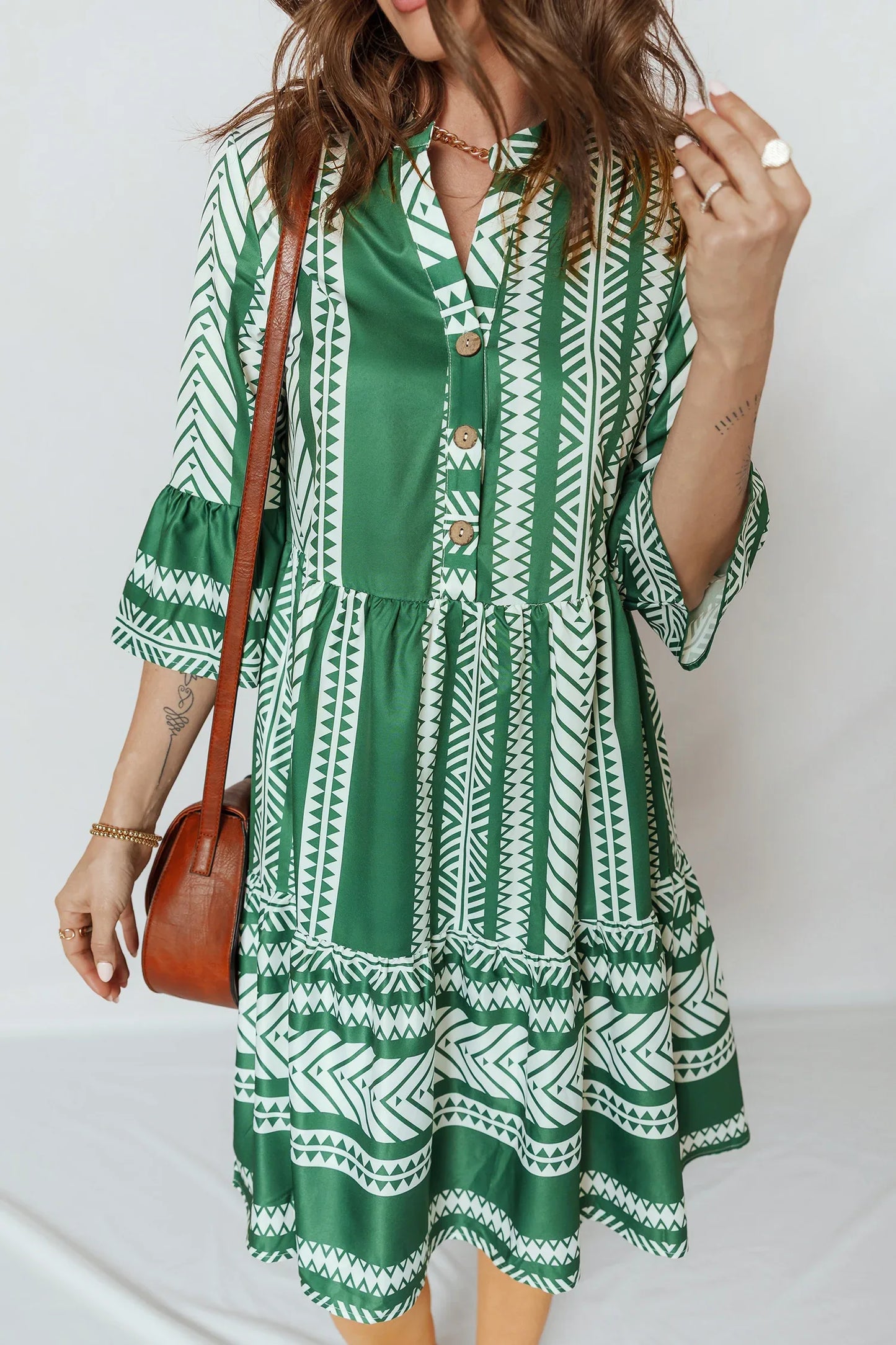 Green Boho Ethnic Print Half Button 3/4 Sleeve Casual Dress - MarkoFit