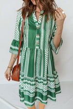 Green Boho Ethnic Print Half Button 3/4 Sleeve Casual Dress - MarkoFit
