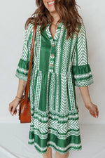 Green Boho Ethnic Print Half Button 3/4 Sleeve Casual Dress - MarkoFit