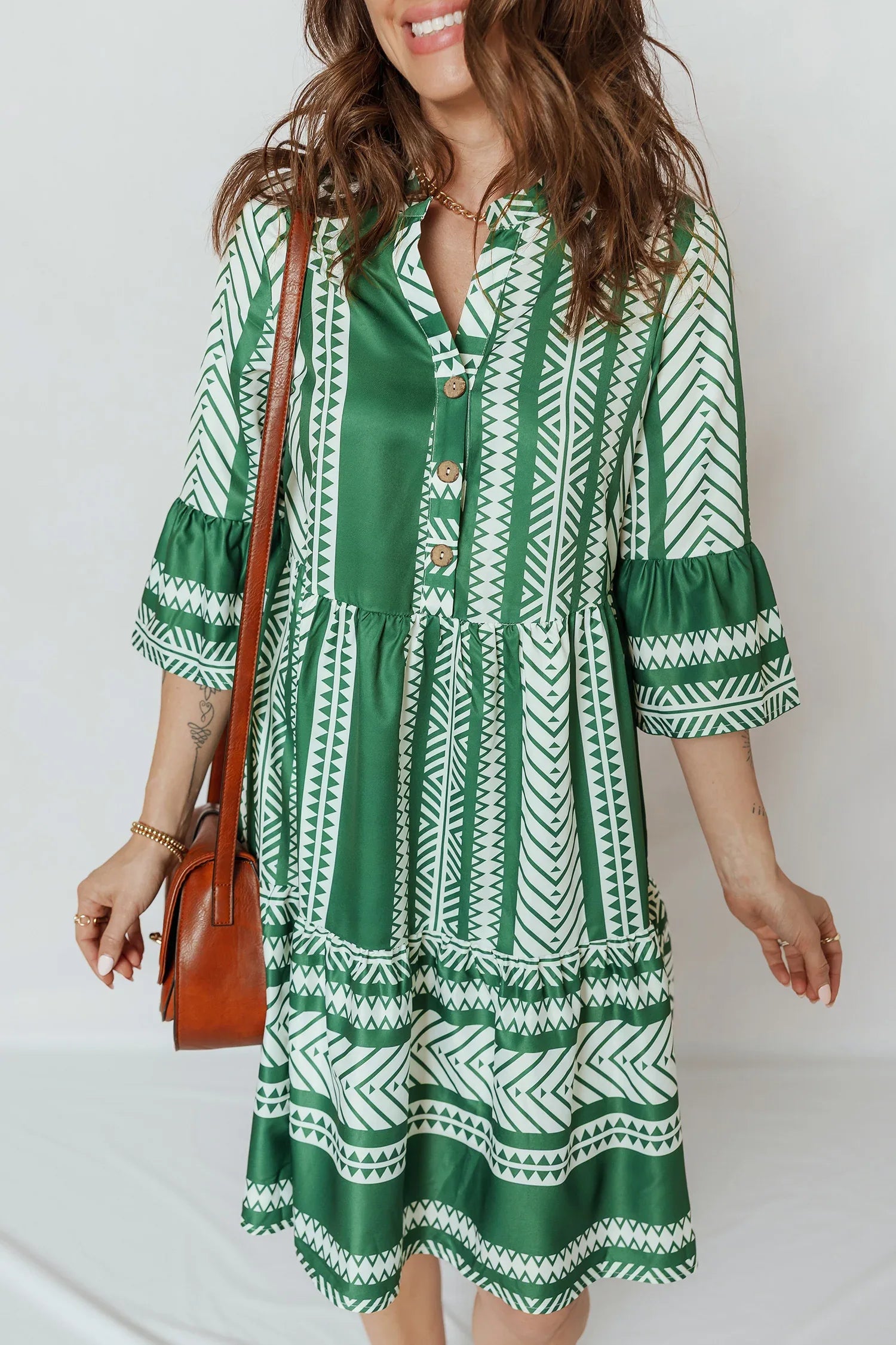 Green Boho Ethnic Print Half Button 3/4 Sleeve Casual Dress - MarkoFit
