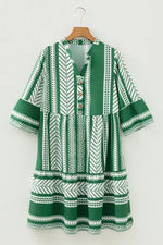 Green Boho Ethnic Print Half Button 3/4 Sleeve Casual Dress - MarkoFit