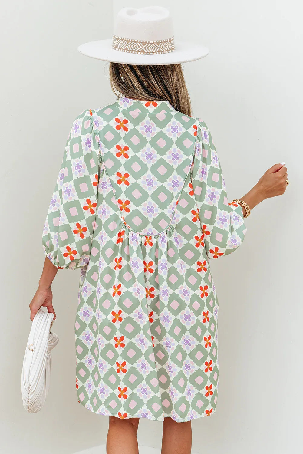 Green Geometric Floral Print 3/4 Sleeve Notched Neck Mini Dress - MarkoFit