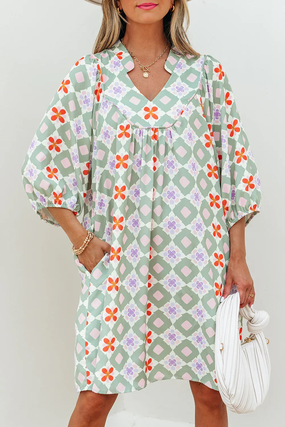 Green Geometric Floral Print 3/4 Sleeve Notched Neck Mini Dress - MarkoFit