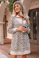 Khaki Leopard Print Zip up Collar Patchwork Shift Mini Dress - MarkoFit