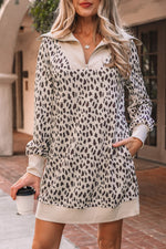 Khaki Leopard Print Zip up Collar Patchwork Shift Mini Dress - MarkoFit