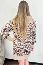 Khaki Leopard Print Zip up Collar Patchwork Shift Mini Dress - MarkoFit