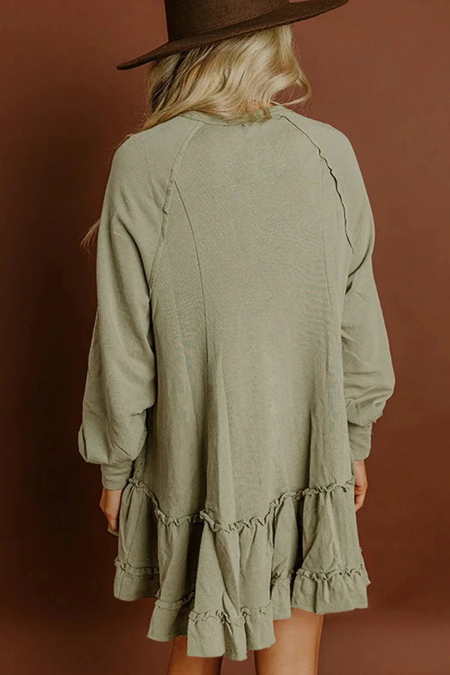 Laurel Green Jacquard Frilled Ruffled Long Sleeve Mini Dress - MarkoFit