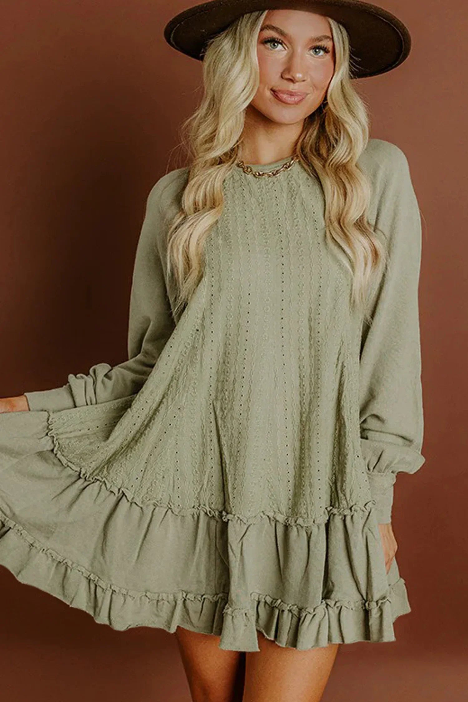 Laurel Green Jacquard Frilled Ruffled Long Sleeve Mini Dress - MarkoFit
