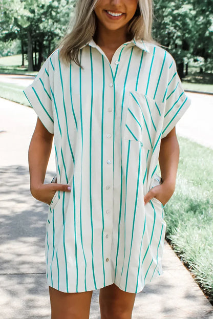 Mint Green St Patricks Striped Wide Short Sleeve Shift Mini Shirt Dress - MarkoFit