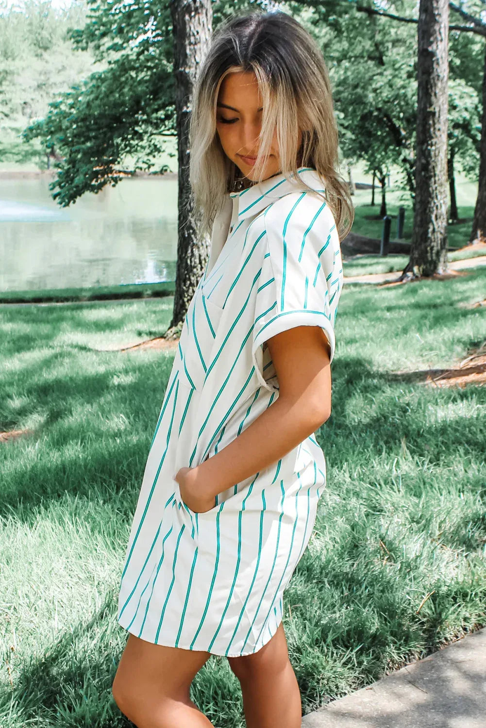 Mint Green St Patricks Striped Wide Short Sleeve Shift Mini Shirt Dress - MarkoFit