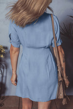 Myosotis Denim Pleated Slim Waist Short Sleeve Shirt Dress - MarkoFit