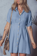 Myosotis Denim Pleated Slim Waist Short Sleeve Shirt Dress - MarkoFit