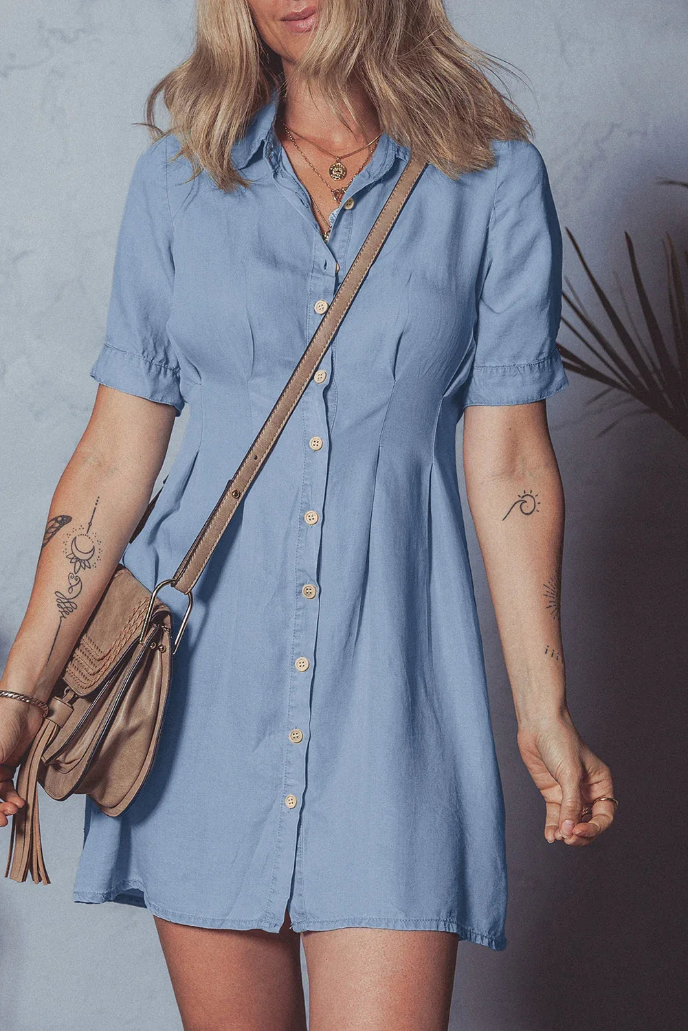 Myosotis Denim Pleated Slim Waist Short Sleeve Shirt Dress - MarkoFit