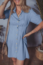 Myosotis Denim Pleated Slim Waist Short Sleeve Shirt Dress - MarkoFit