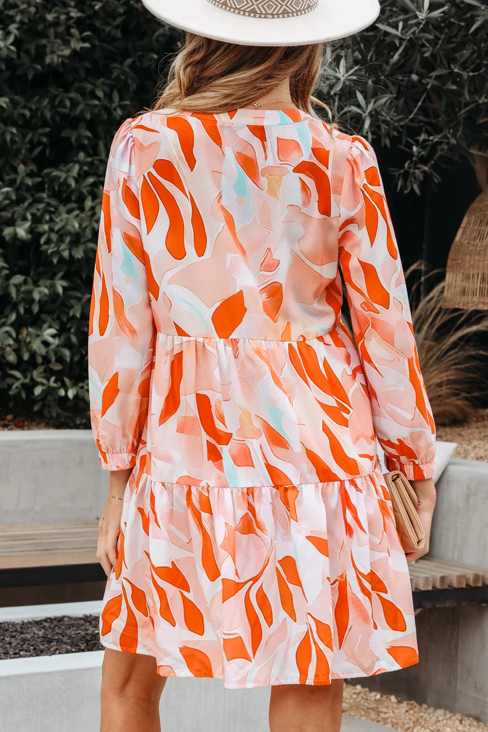 Orange Abstract Print Split Neck Long Sleeve Dress - MarkoFit
