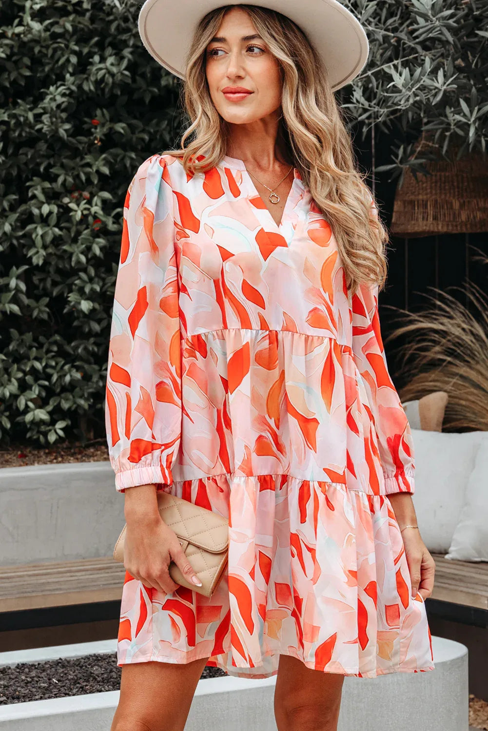 Orange Abstract Print Split Neck Long Sleeve Dress - MarkoFit