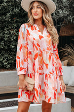 Orange Abstract Print Split Neck Long Sleeve Dress - MarkoFit