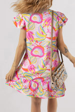 Pink Abstract Floral Ruffle Trim Flutter Sleeve Buttoned Dress - MarkoFit