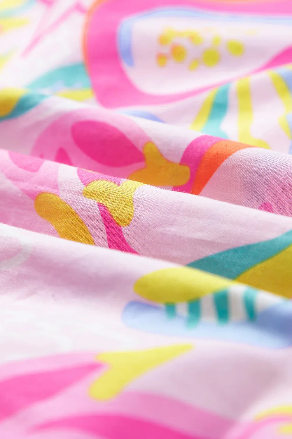 Pink Abstract Floral Ruffle Trim Flutter Sleeve Buttoned Dress - MarkoFit