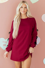 Racing Red Contrast Striped Bow Detail Drop Shoulder Sweatshirt Dress with Pockets - MarkoFit
