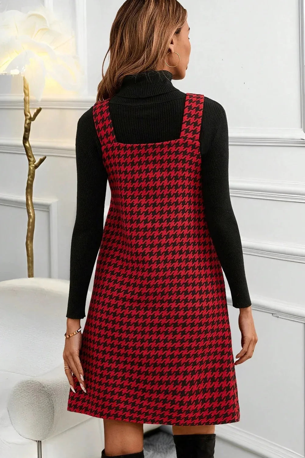 Red Houndstooth Print V Neck Sleeveless Mini Dress - MarkoFit