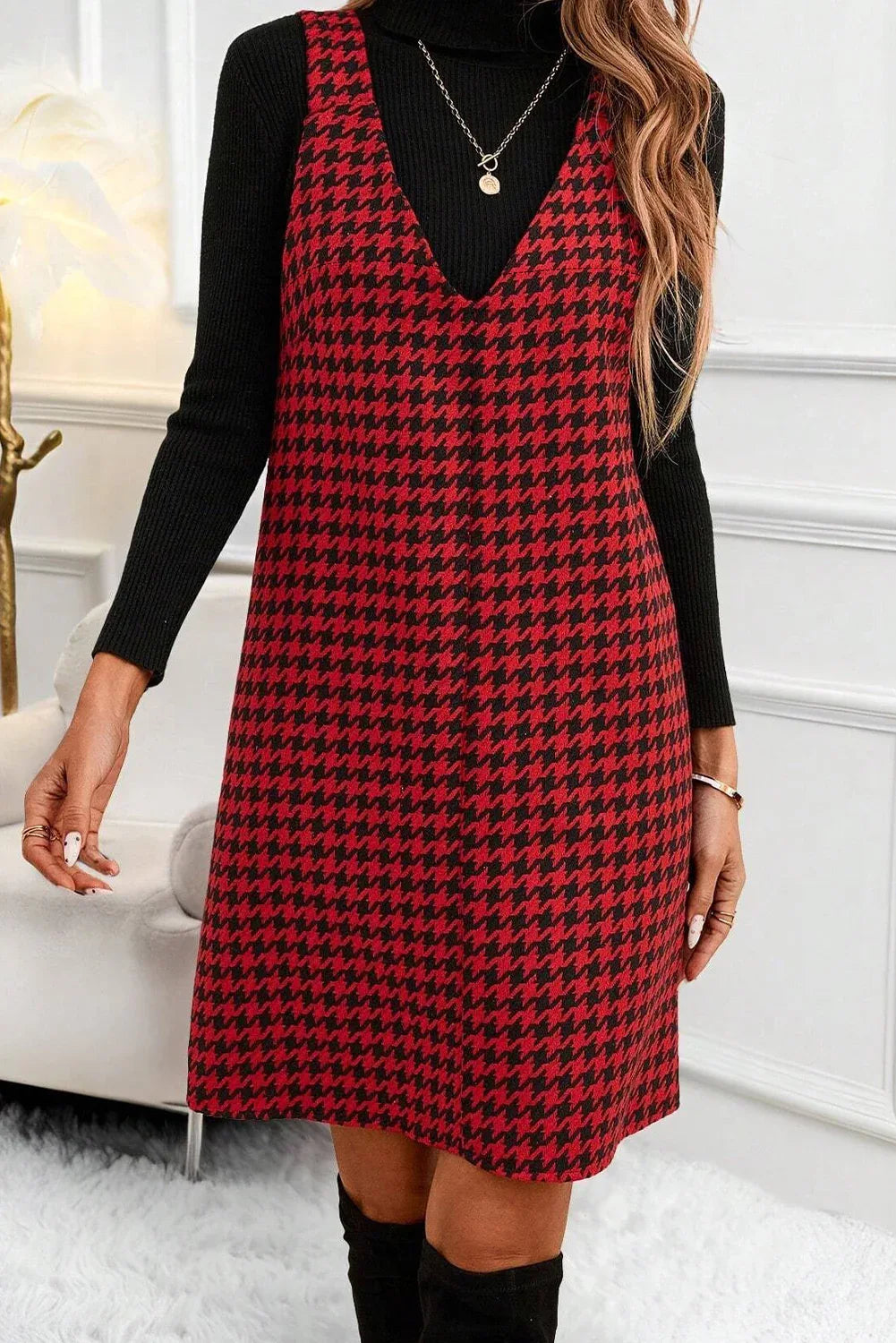 Red Houndstooth Print V Neck Sleeveless Mini Dress - MarkoFit