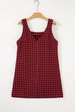 Red Houndstooth Print V Neck Sleeveless Mini Dress - MarkoFit