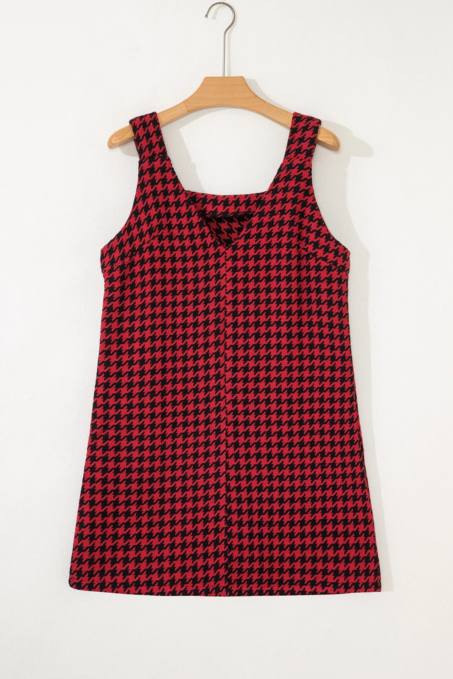 Red Houndstooth Print V Neck Sleeveless Mini Dress - MarkoFit