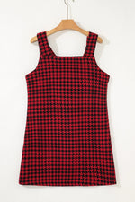 Red Houndstooth Print V Neck Sleeveless Mini Dress - MarkoFit