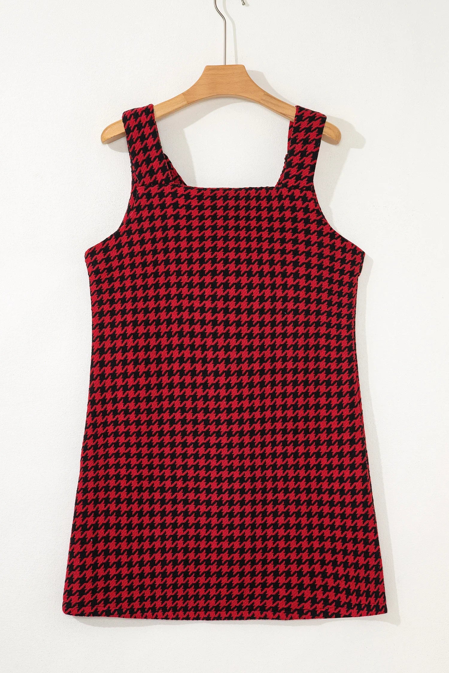 Red Houndstooth Print V Neck Sleeveless Mini Dress - MarkoFit