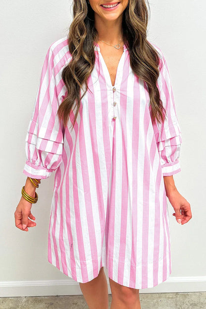 Rose Stripe Bracelet Sleeve Buttons Loose Mini Dress - MarkoFit