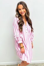 Rose Stripe Bracelet Sleeve Buttons Loose Mini Dress - MarkoFit