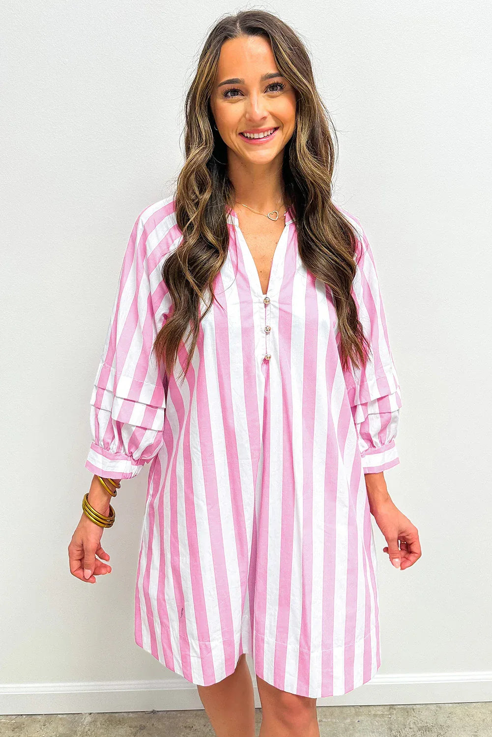 Rose Stripe Bracelet Sleeve Buttons Loose Mini Dress - MarkoFit