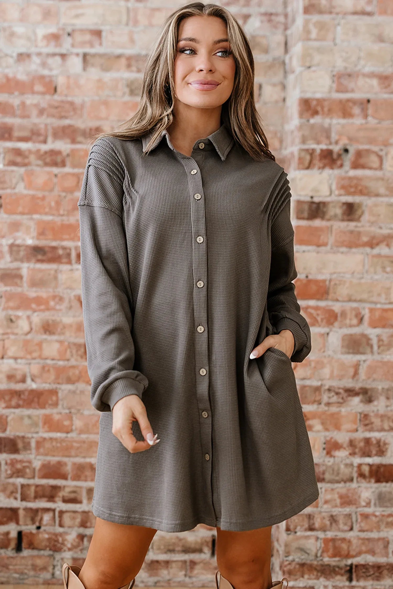 Simply Taupe Waffle Knit Shirt Tunic Dress - MarkoFit