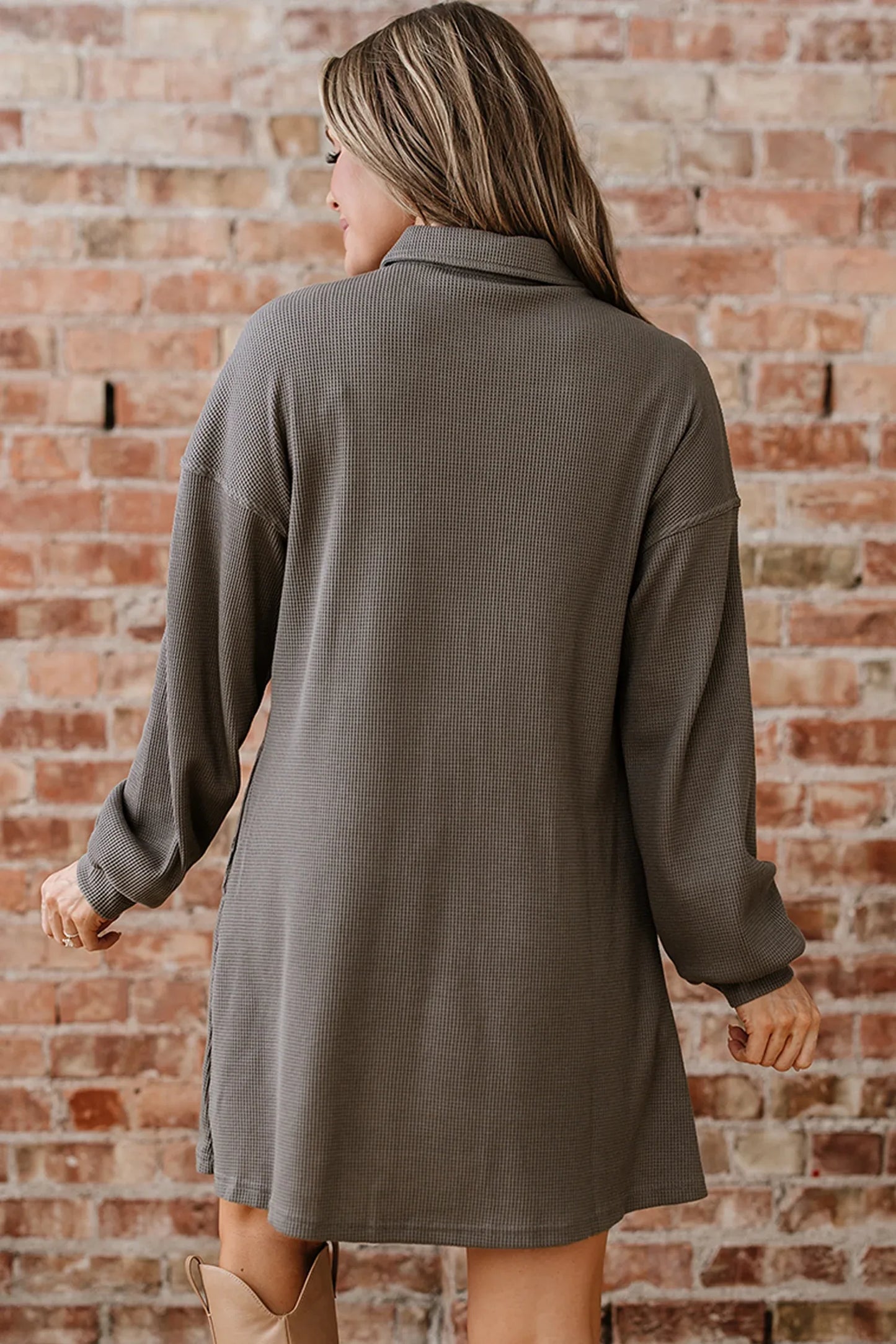 Simply Taupe Waffle Knit Shirt Tunic Dress - MarkoFit
